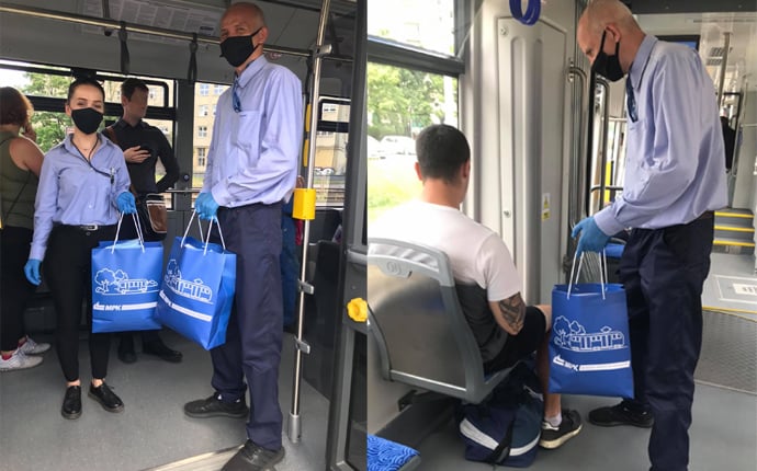 Kontrolerzy MPK rozdają pasażerom maseczki