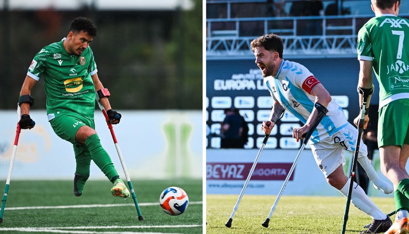 Zdjęcie podzielone na pół: z lewej - ampfutbolista Sląska Wrocław na boisku z piłką; z prawej dwóch zawodników w grze podczas finału Ligi Europy - Baskent - Śląsk Wrocław.