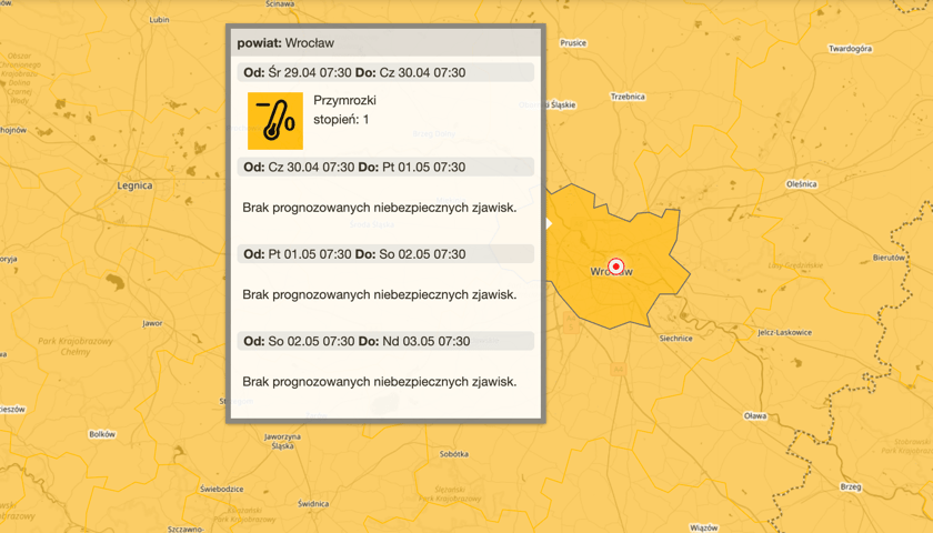 <p>Mapa zagrożeń przymrozkami - pojawią się w nocy z 29 na 30 kwietnia</p>