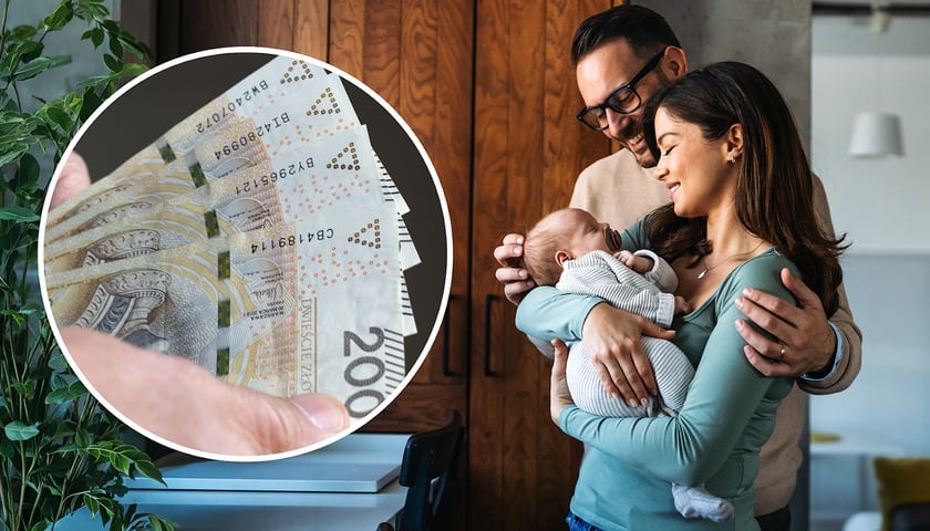 Na zdjęciu para młodych ludzi, kobieta trzyma na rękach małe dziecko. W owalu plik banknotów. Zdjęcie ilustracyjne