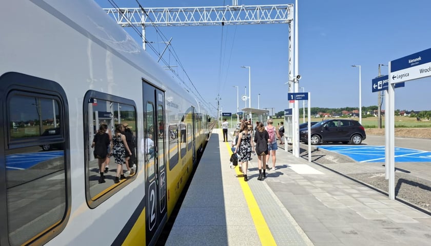 Zdjęcie ilustracyjne - grupa pasażerów idąca po peronie, przy którym stoi pociąg w barwach Kolei Dolnośląskich.