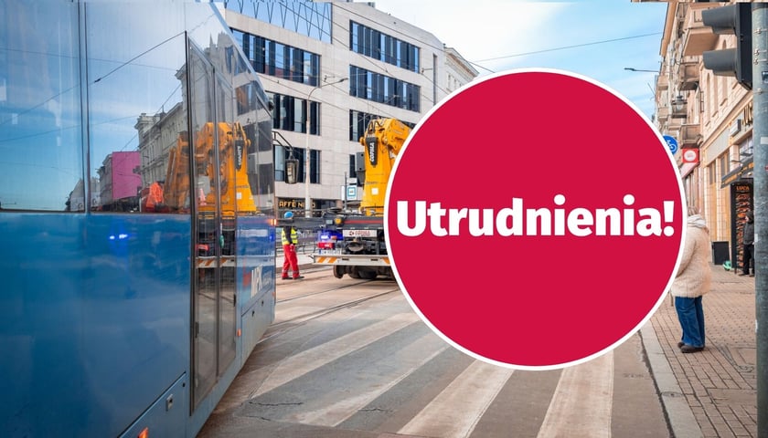 Ilustracyjne zdjęcie zdarzenia z tramwajem i napis "utrudnienia" 