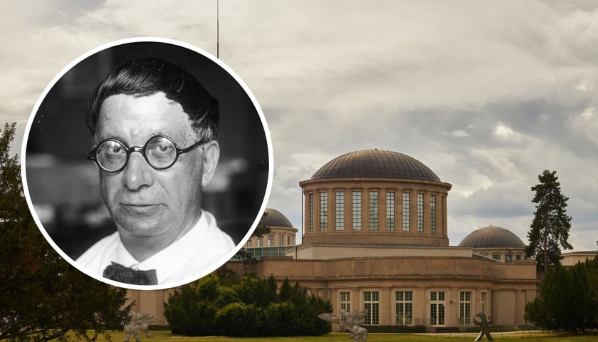 W tle - Pawilon Czterech Kopuł we Wrocławiu, w kółku - Hans Poelzig.
