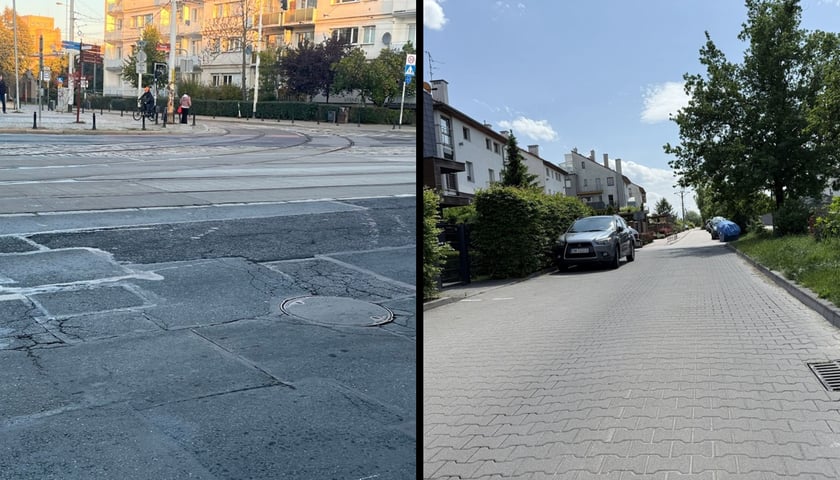 Kolaż 2 zdjęć dotyczących inwestycji ZDiUM po majówce: z lewej ul. Piotra Skargi, z prawej ul. Obrońców Poczty Gdańskiej