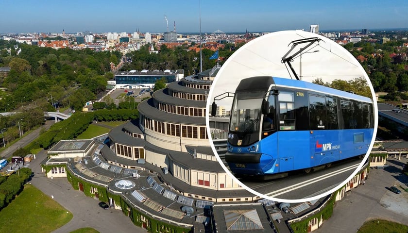 Duże zdjęcie przedstawia Halę Stulecia. Na małym tramwaj MPK Wrocław 