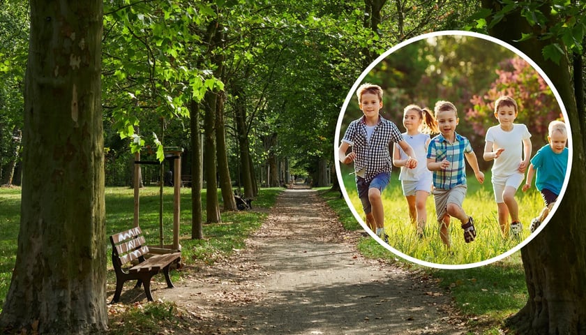 W tle: Park Skowroni, w kółku: grupka biegnących dzieci (zdjęcie ilustracyjne)
