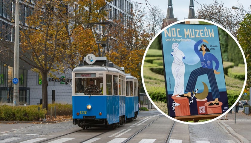 Na zdjęciu dużym tramwaj Konstal N na jednej z ulic, na zdjęciu małym plakat Nocy Muzeów 2026 we Wrocławiu