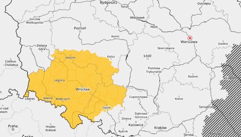 Obszar, na którym może pojawić się burza, mapa IMGW