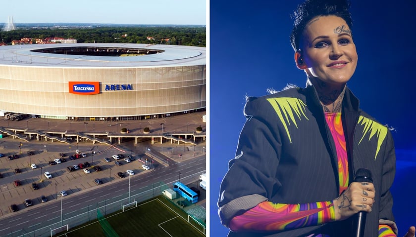 Zdjęcie podzielone na pół: z lewej widok z lotu ptaka na stadion Tarczyński Arena, z prawej - Agnieszka Chylińska podczas koncertu w 2024 r.