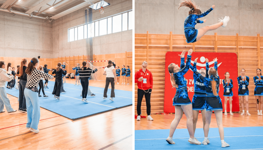 Kolaż 2 zdjęć przedstawiających wydarzenie "Cheerleading to sport"  w ZSP nr 26 we Wrocławiu. Z lewej trening uczniów wrocławskich szkół, z prawej pokaz w wykonaniu zawodniczek Energy Cheerleaders Zabrze.