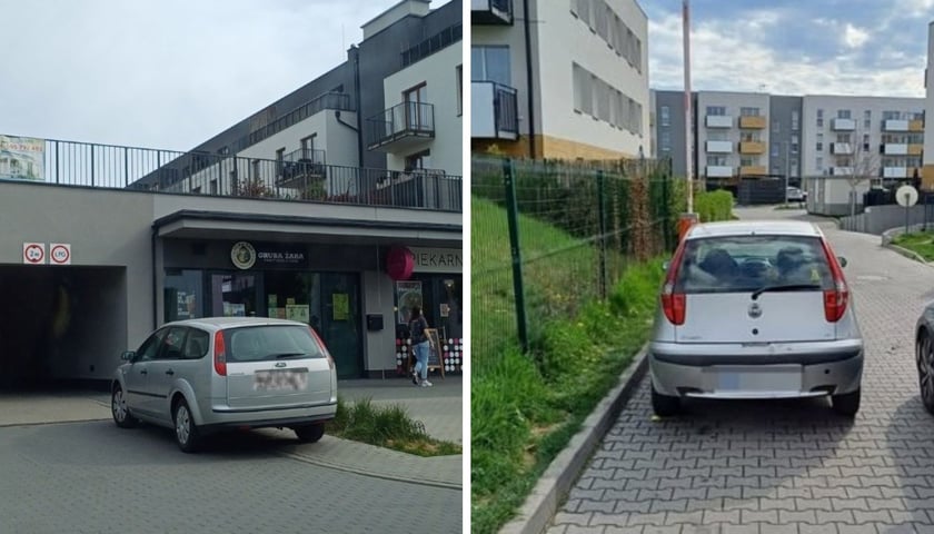 Kolaż dwóch zdjęć przedstawiających nieprawidłowo zaparkowane samochody.