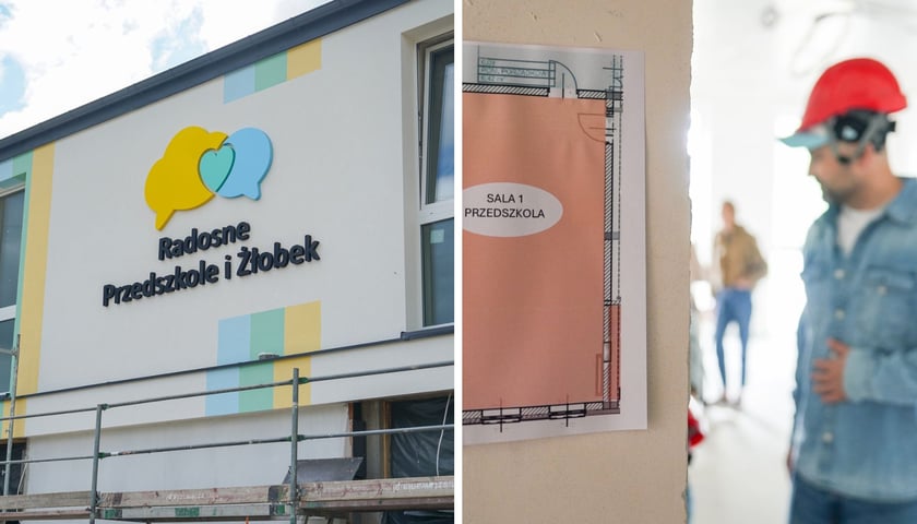 Zdjęcie podzielone na pół: z lewej Budynek powstającego przedszkola z napisem "Radosne Przedszkole i Złobek"; z prawej - ściana w stanie surowym z przyczepioną kartką "sala 1 przedszkola", a w tle mężczyzna w kasku budowlanym.