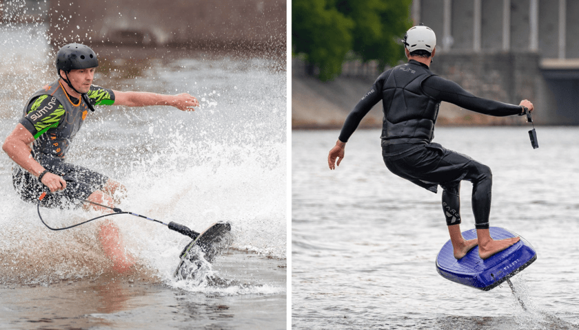Kolaż 2 zdjęć: jetboard i e-foil  - deski z napędem, które nie potrzebują fal