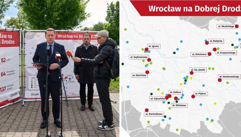 Na zdjęciu z lewej wiceprezydent Wrocławia Michał Młyńczak podczas konferencji prasowej, z prawej fragment mapki lokalizacji remontów w programie „Wrocław na Dobrej Drodze”
