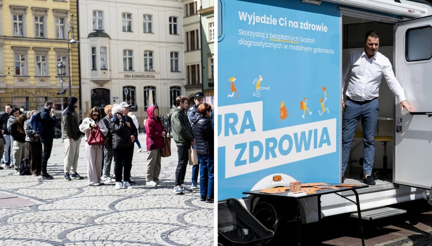 Z lewej: kolejka chętnych do badania dermatoskopem. Z prawej: "Fura Zdrowia" - mobilny gabinet dermatoskopowy.  Wrocław, 12.05.2026