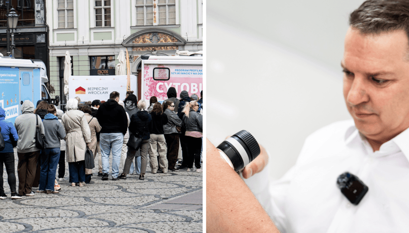 „Fura Zdrowia" na pl. Solnym - z lewej kolejka na badania, z prawej lekarz badający znamiona