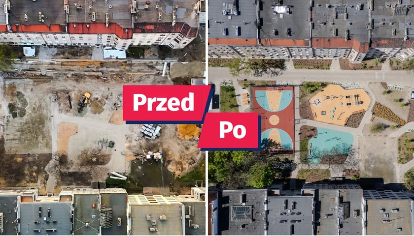 Dwa zdjęcia z drona przedstawiające wnętrze podwórka między ulicami Struga, Kleczkowską, Zegadłowicza i Kraszewskiego - z lewej w trakcie przebudowy z nałożonym napisem "Przed"; z prawej - po przebudowie z nałożonym napisem "Po".