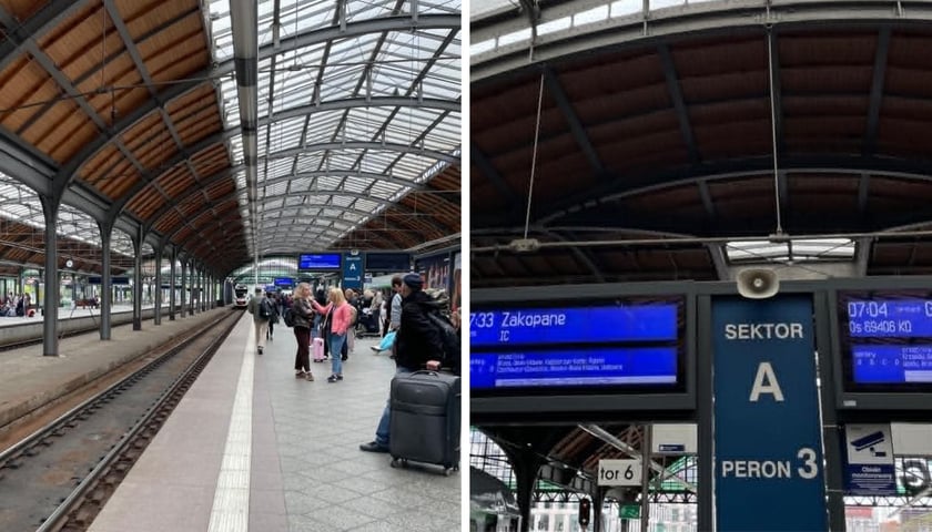Pasażerowie na stacji Wrocław Główny, informacja o opóźnionych pociągach, 14 maja 2026 r. 