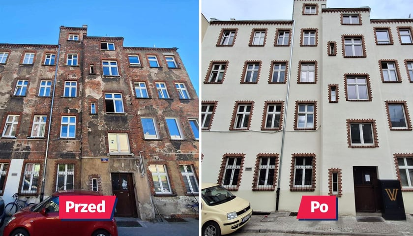 Zdjęcie podzielone na pół: z lewej widok na fasadę kamienicy przy ul. Jagiellończyka 40a przed remontem; z prawej - ten sam budynek po remoncie elewacji.