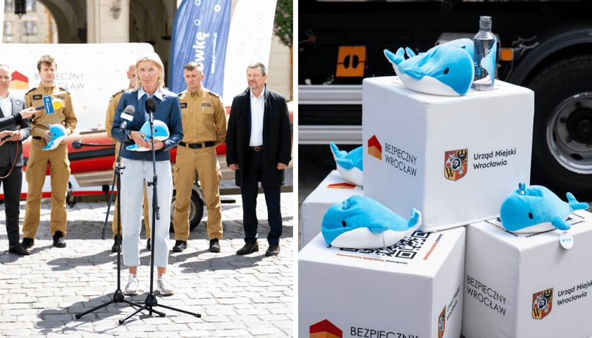 Kolaż 2 zdjęć: Z lewej konferencja prasowa na temat nawiązania współpracy przez MPWiK z Komendą Miejską Straży Pożarnej we Wrocławiu, 14 maja 2026, z prawej pluszowe zabawki w kształcie wieloryba