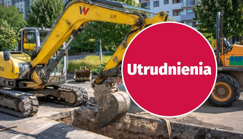 Ilustracja przedstawia koparkę i napis "utrudnienia" 