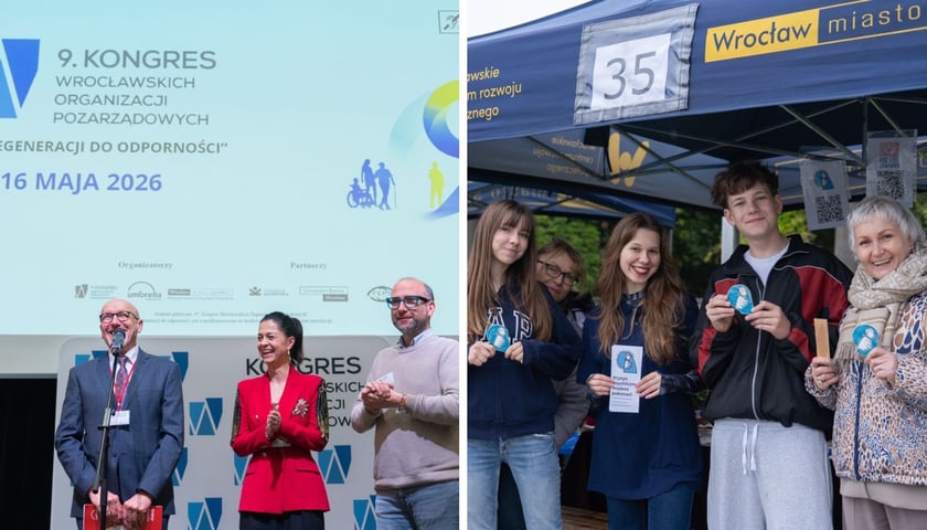 Kongres i targi organizacji pozarządowych we Wrocławiu. Z lewej otwarcie Kongresu, z prawej uśmiechnięci ludzie na targowym stoisku - 16 maja 2026 r.