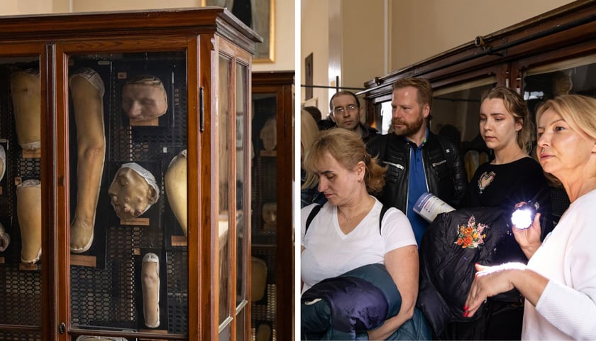 Kolaż dwóch zdjęć: z lewej eksponaty Muzeum Mulaży Dermatologicznych w gablocie, z prawej grupa zwiedzających podczas Nocy Muzeów. Pierwsza z prawej dr hab. Danuta Nowicka.