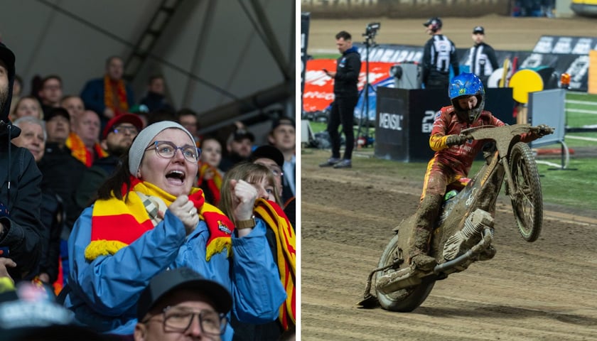 Zdjęcie podzielone na pół: z lewej kobieta z szalikiem Sparty Wrocław w grupie kibiców emocjonalnie dopinguje zawodników; z prawej - żużlowiec Betrad Sparty jedzie na torze unosząc przednie koło do góry - mecz Sparta Wrocław Pres Grupa Deweloperska Toruń na Stadionie Olimpijskim, 17 maja 2026 r.