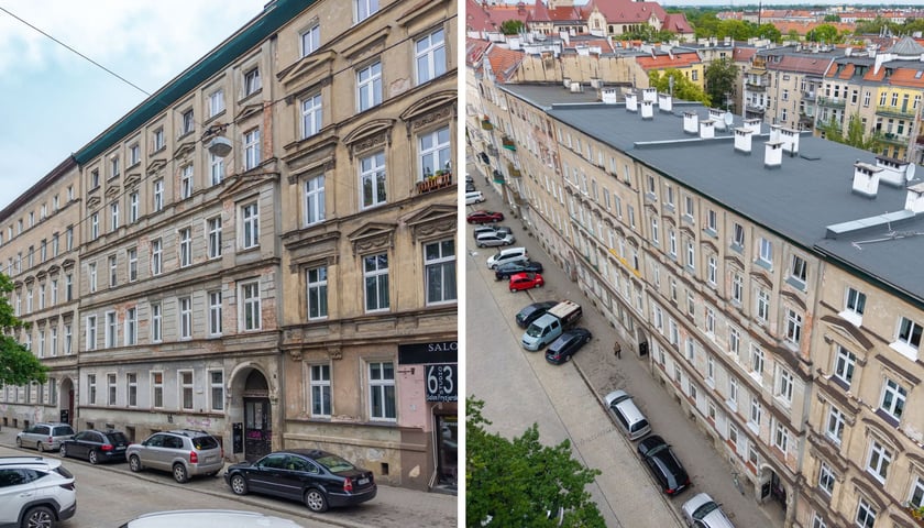 Zdjęcie podzielone na pół: z lewej - widok na fasady kilku kamienic przy ul. Sępa-Szarzyńskiego (nr 63, 65, 65A),; z prawej - to samo miejsce - ujęcie z drona.