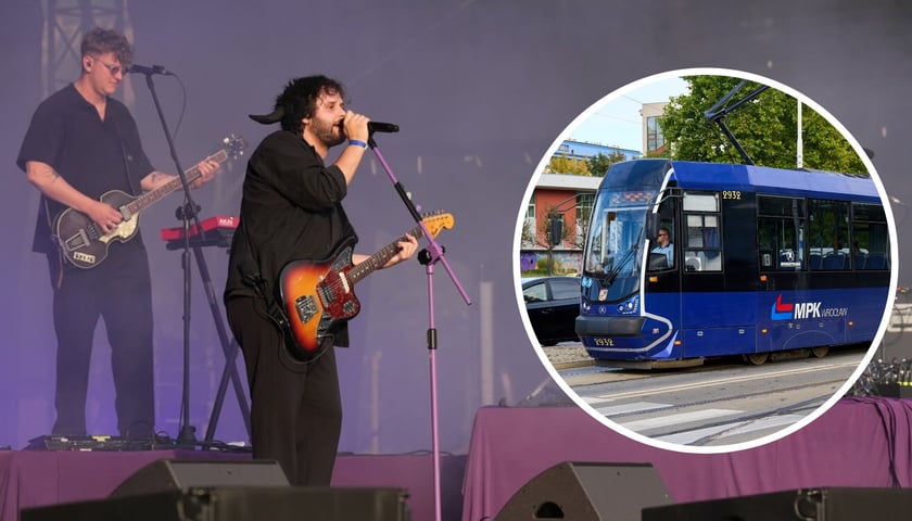 W tle - artyści występujący na juwenaliach #WrocławRazem w 2025 roku. W kółku - tramwaj MPK Wrocław.
