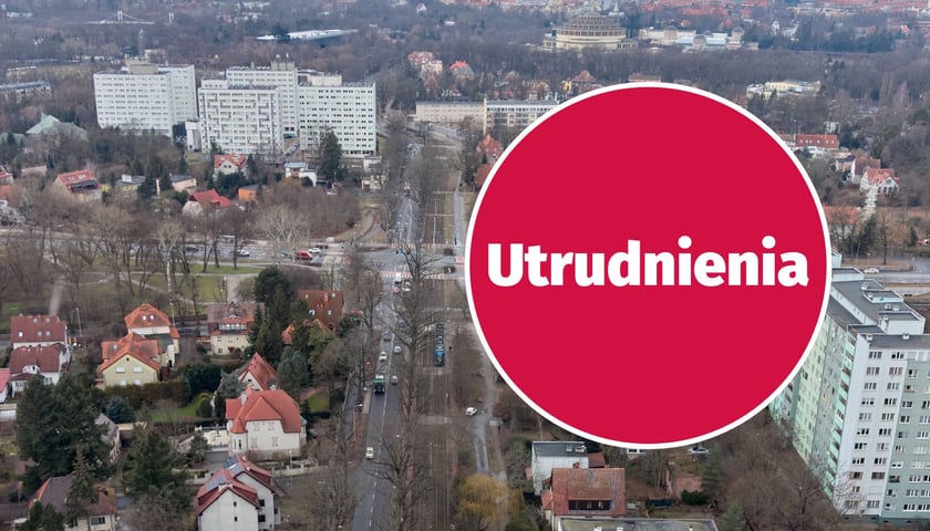 W tle - skrzyżowanie AWW z Wróblewskiego i Olszewskiego. W kółku - napis "utrudnienia".