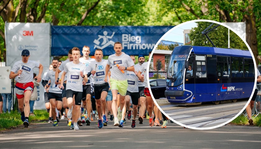 W tle - start Biegu Firmowego, zdjęcie archiwalne. W kółku tramwaj MPK Wrocław