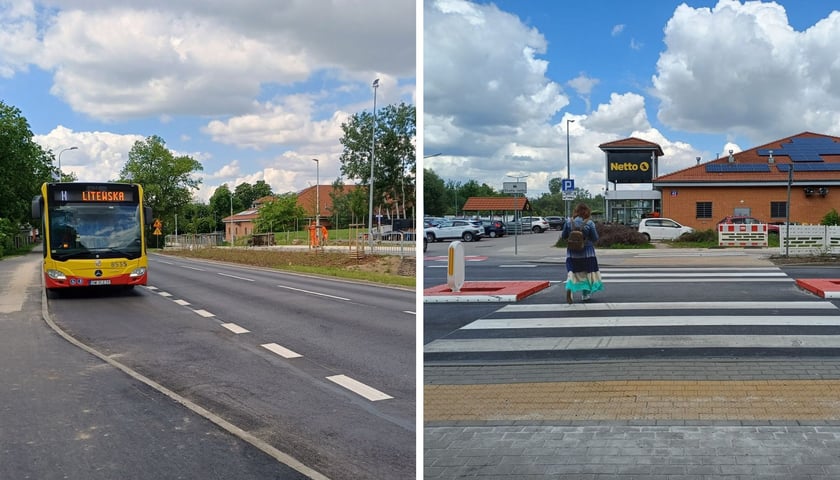 Zdjęcie dzielone na pół:  z lewej - wyremontowana zatoka przystankowa i fragment jezdni ul. Kiełczowskiej; z prawej - nowy azyl na przejściu dla pieszych na ul. Kiełczowskiej.