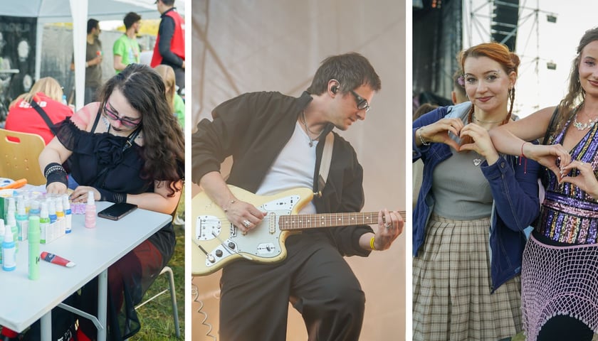 Zdjęcie podzielone na trzy części: z lewej młoda kobieta malująca farbami; w środku - muzyk z gitarą na scenie; z prawej - dwie kolorowo ubrane dziewczyny układające dłonie w serduszko - Juwenalia 2026 #WrocławRazem na terenach przy Tarczyński Arena.