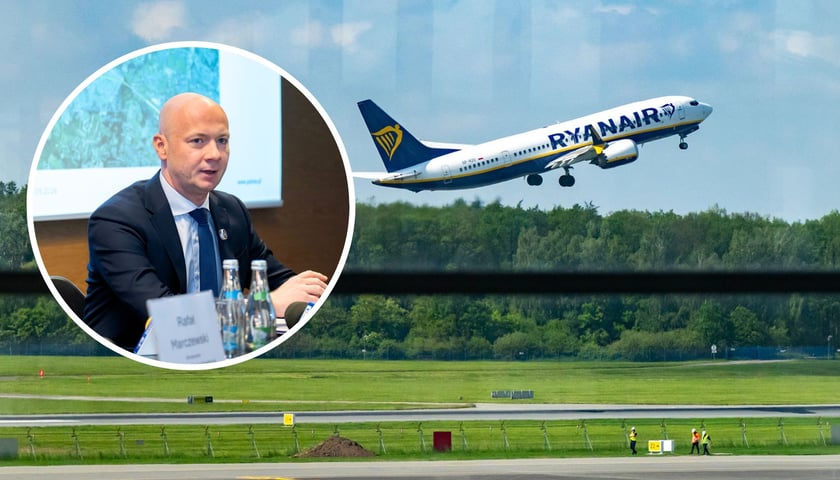 W tle: startujący samolot, w kółku: Karol Przywara, prezes zarządu Portu Lotniczego Wrocław