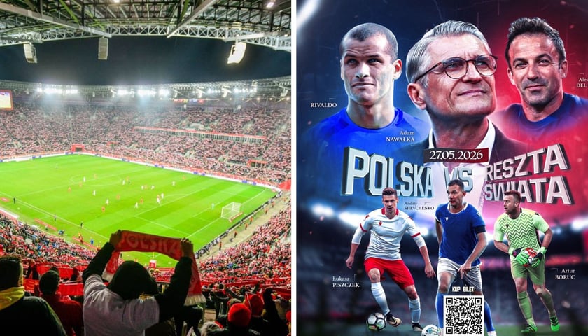 na zdjęciu z lewej Tarczyński Arena z kibicami podczas meczu, z prawej plakat Meczu Legend
