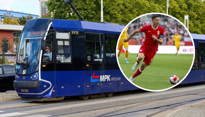 W tle: tramwaj MPK, w kółku: Robert Lewandowski podczas meczu we Wrocławiu
