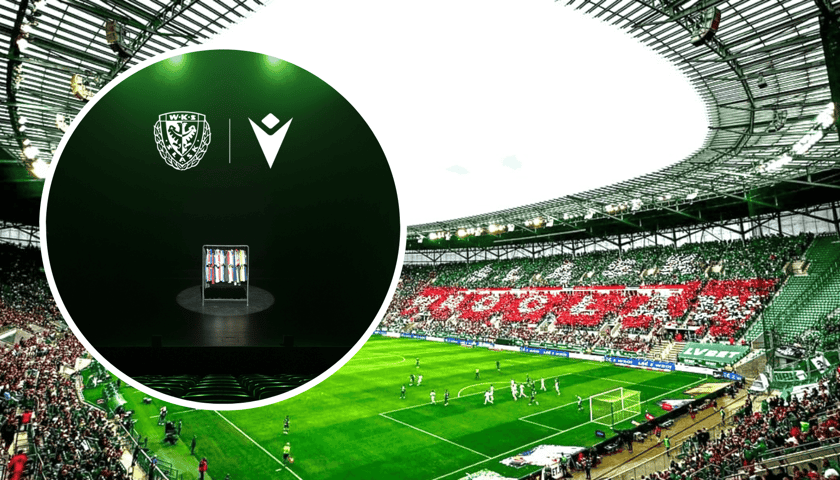 Wypełnione trybuny Tarczyński Areny Wrocław podczas meczu Śląska Wrocław, w kółeczku logo firmy Macron, nowego sponsora technicznego klubu