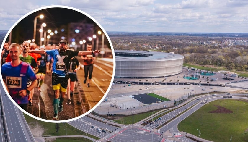 W tle stadion Tarczyński Arena we Wrocławiu, widok z drona. W kółku - uczestnicy Nocnego Półmaratonu we Wrocławiu, zdjęcie archiwalne, ilustracyjne.