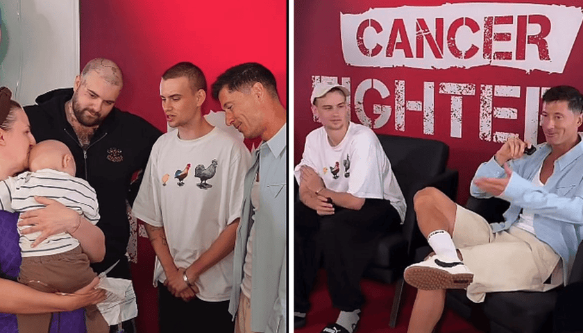 Zestawienie dwóch zdjęć: z lewej Bedoes, Łatwogang i Robert Lewandwoski oraz kobieta z małym dzieckiem, z prawej Łatwogang i Lewandowski, w tle napis "Cancer Fighters"