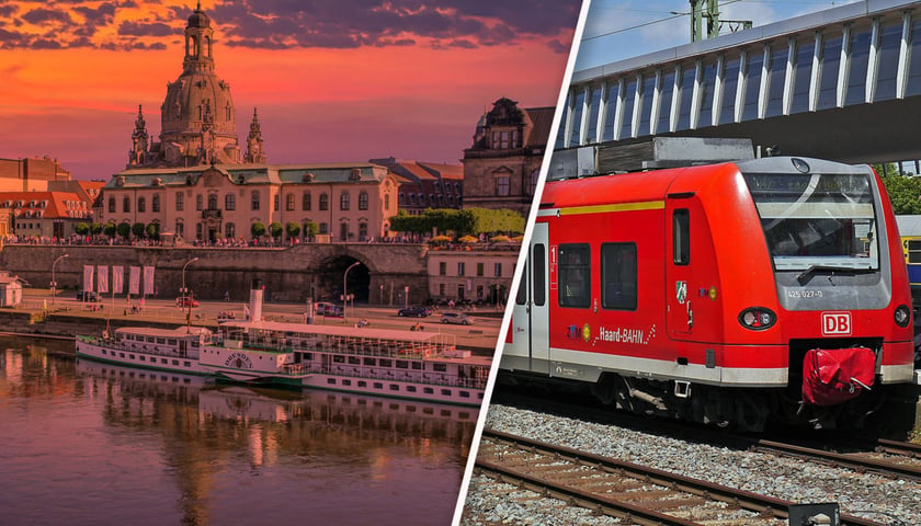 Po lewej widok Drezna, po prawej pociąg niemieckich kolei