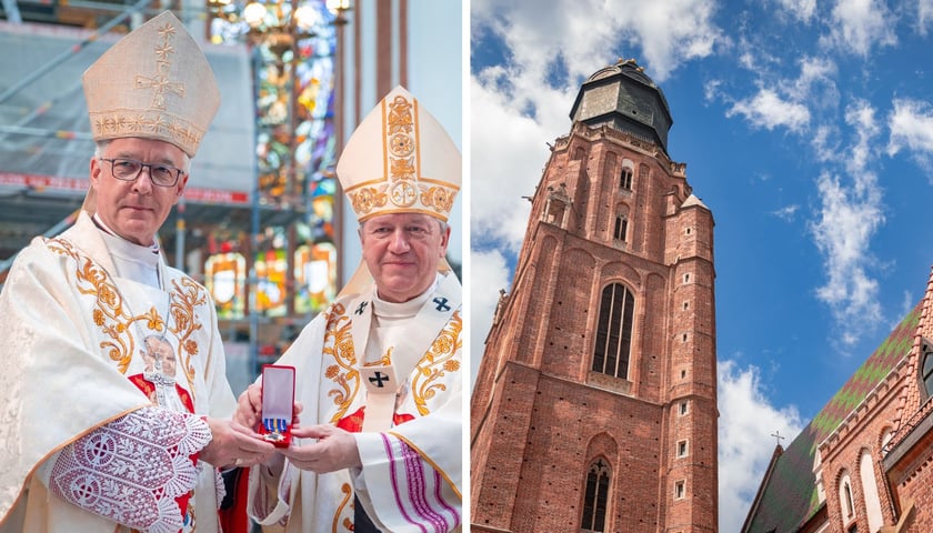 Dwóch mężczyzn w strojach liturgicznych. Od lewej strony stoją: biskup polowy Wojska Polskiego Wiesław Lechowicz i arcybiskup metropolita wrocławski Józef Kupny. Uroczystości erygowania Sanktuarium św. Jana Pawła II w Kościele Garnizonowym, 31.05.2026 r. 
