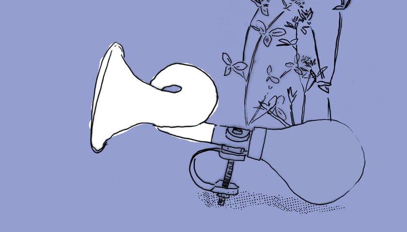 Motyw gałązki i starej trąbki rowerowej. Grafika ilustracyjna