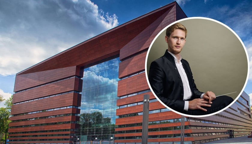 na zdjęciu głównym gmach NFM na placu Wolności, na zdjęciu w kółku dyrygent Thomas Guggeis