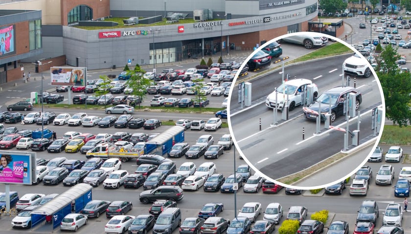 Zdjęcie w tle: parking przy centrum handlowym Magnolia Park - ujęcie z drona; w kółku: samochody zatrzymujące się przed szlabanem.