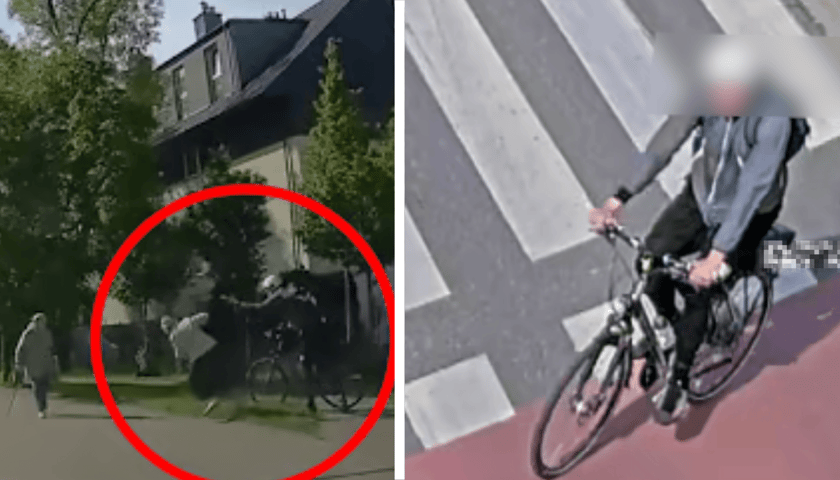 Kolaż 2 zdjęć dotyczących popchnięcia 80-letniej kobiety przez rowerzystę. 