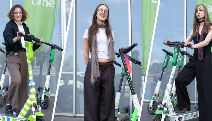 Z hulajnogami przed budynkiem ASP Wrocław stoją (od lewej): Gabriela Opoka, Nikola Lis i Małgorzata Cienki 