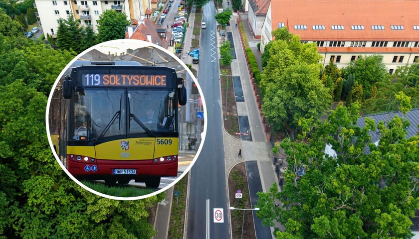 Na dużym zdjęciu ulica Koszarowa po remoncie widziana z lotu ptaka. Na małym, w kółku, autobus linii 119 