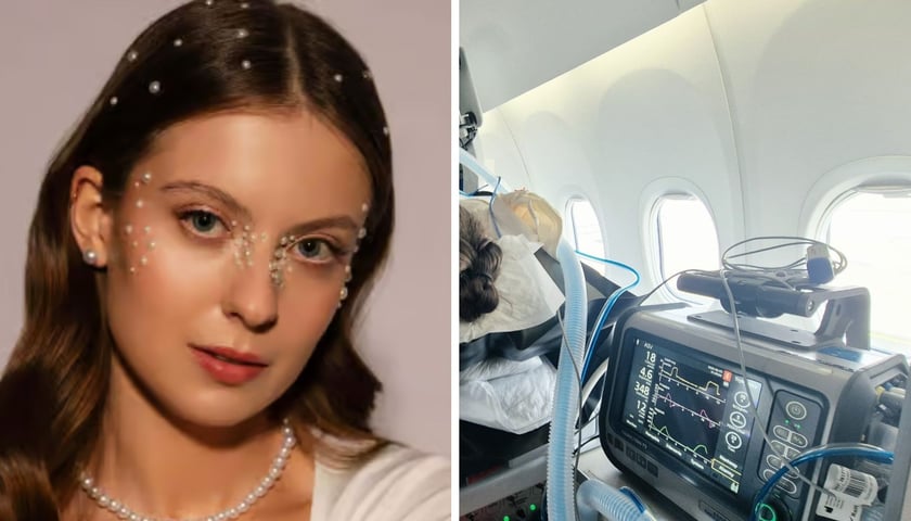 po lewej: Klaudia Uciechowska | po prawej: aparatura medyczna na pokładzie rządowego samolotu z Pekinu