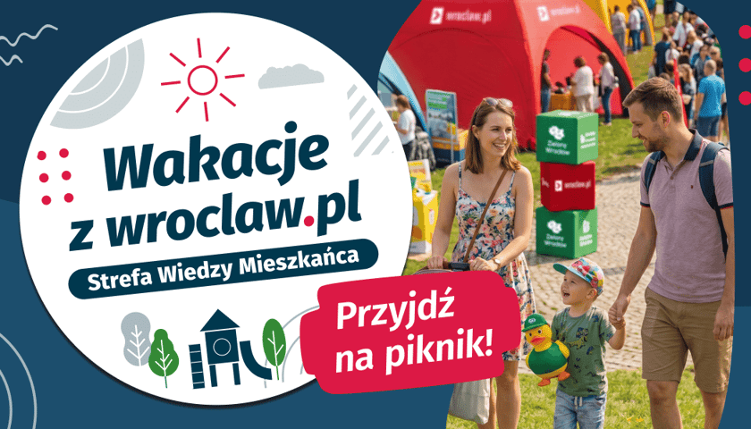Grafika promująca wydarzenie Wakacje z wroclaw.pl. Po lewej stronie logo promujące letnie pikniki z napisem „Wakacje z wroclaw.pl – Strefa Wiedzy Mieszkańca”. Po prawej stronie zdjęcie rodziny z dzieckiem na pikniku miejskim. Na grafice znajduje się hasło: „Przyjdź na piknik!”. W tle widoczne są namioty i stoiska wydarzenia.